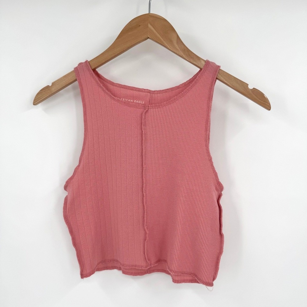 American Eagle Pink Patchwork High-Neck Cropped Sleeveless Tank Top Sz Small